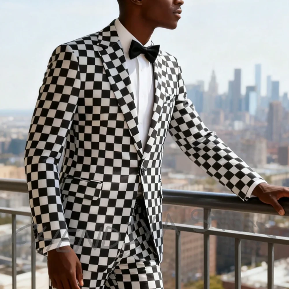 Stylish Checkerboard Plaid Man Suit For Wedding Slim Fit Notch Lapel Formal Outfit 2 Piece Dinner Party Prom Male Clothes Set
