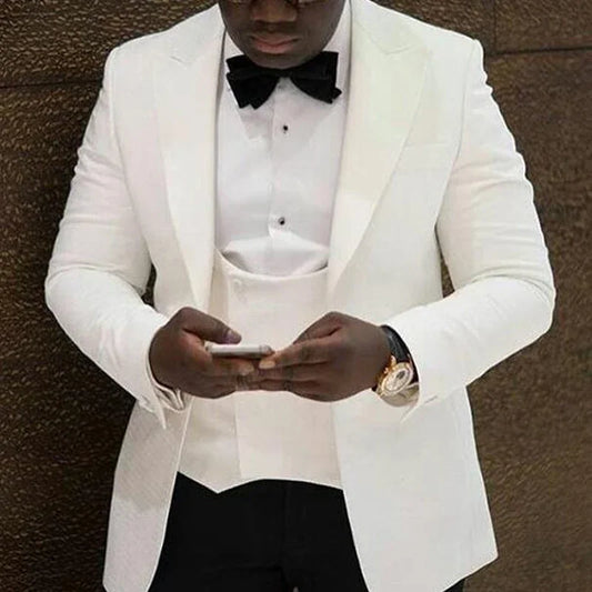 Men's Suit for Wedding 2024 Groom White Jacket Vest Black Pants 3 Piece Slim Fit Elegant Blazer Customized Male Clothing 정장