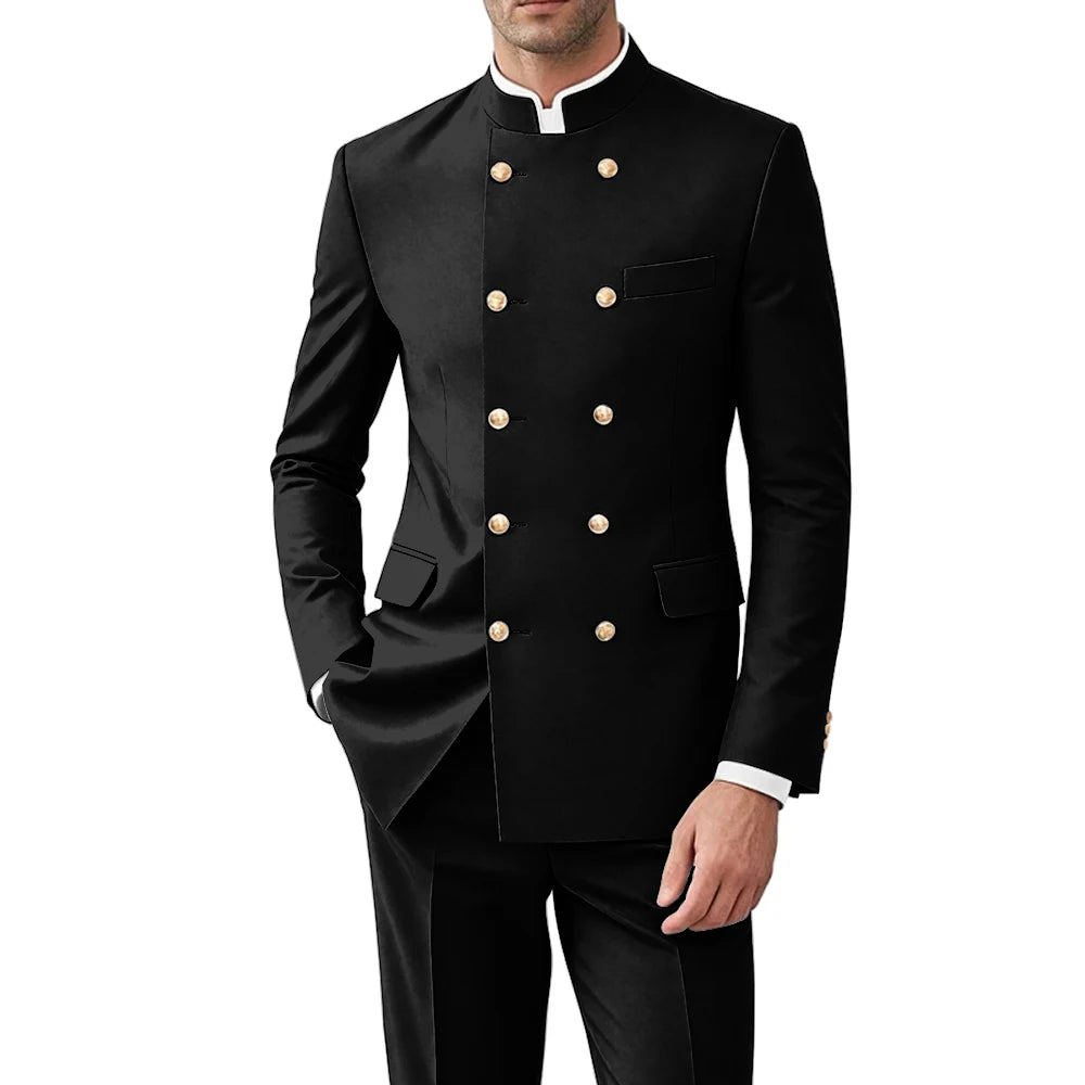 Solid Color Men Suits Formal 2 Pieces Double Breasted Stand Collar Balzer Pants Formal Party Business Wedding Set Customized
