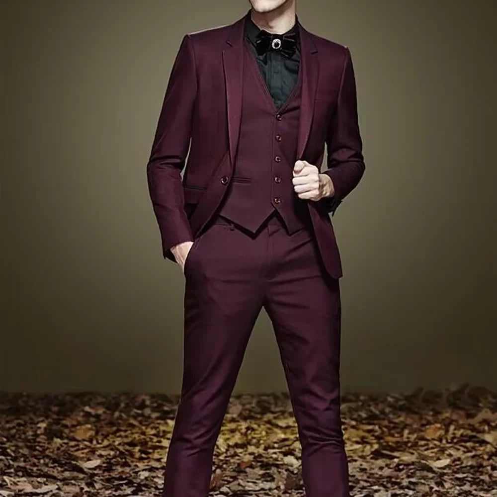 Fashion Solid Color Suits For Men Notch Lapel Classic One Button Daily Office Work Male Business Casual Outfit Jacket Vest Pants