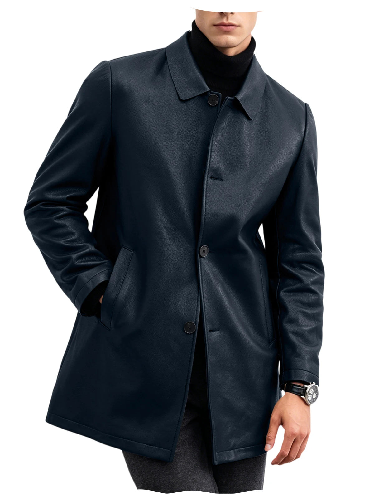 Men Premium Leather-Like Trench Coat Turn-Down Collar Single Breasted Mid-Length Overcoat Classic Slim Fit Business Casual Wear