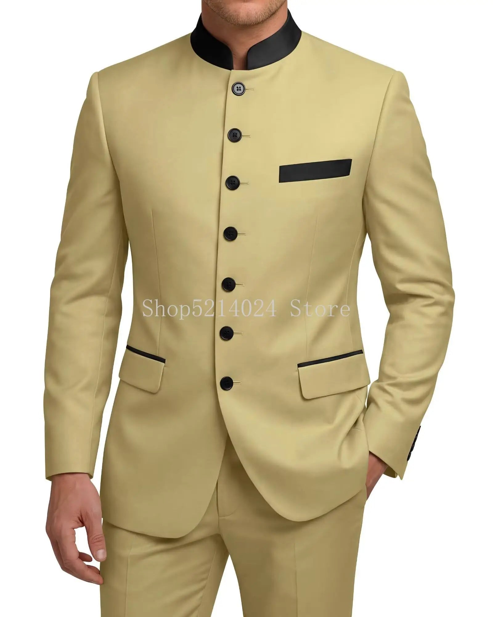 Chinese Tunic Suit Mens 2 Piece Chinese Suits for Men Slim Fit Mandarin Collar Suits for Wedding Prom Party