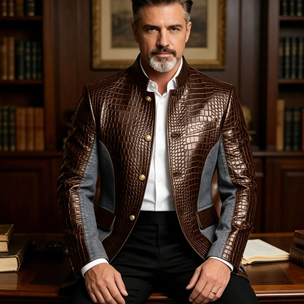 Men's Crocodile Embossed Leather Brown Jacket Patchwork Denim Stand Collar Slim Fit Luxury PU Blazer For Business Casual Party