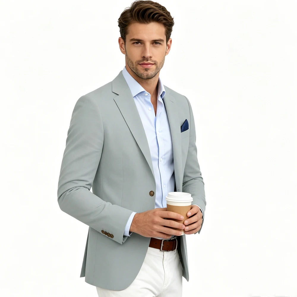 Men's Linen Blend Blazer Notched Lapel Two Button Breathable Suit Jacket For Business Casual Wedding Daily Wear