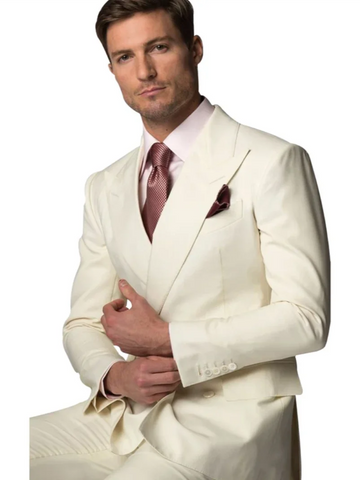 2 Pieces  Ivory Men's Peak Lapel Suits Double Breasted Jacket Groom Tuxedos Slm Fit Blazer TrousersBusiness Suit Set