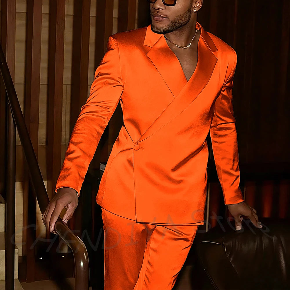 Fashion Notch Lapel Satin Men Suit High Quality Single Button Slim Fitted Outfit Jacket Pants Model Show Party Prom Male Set