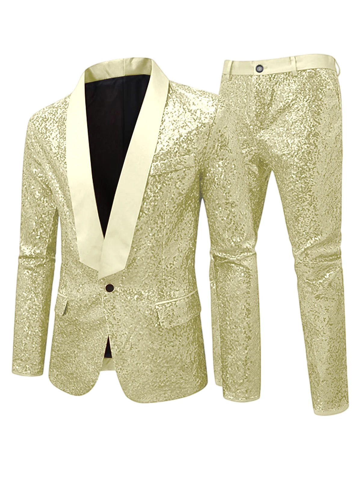 Men's Sequin Tuxedo Suit Set Shiny One Button Satin Patchwork Shawl Lapel Slim Fit 2 Piece Blazer Pants For Wedding Party Prom