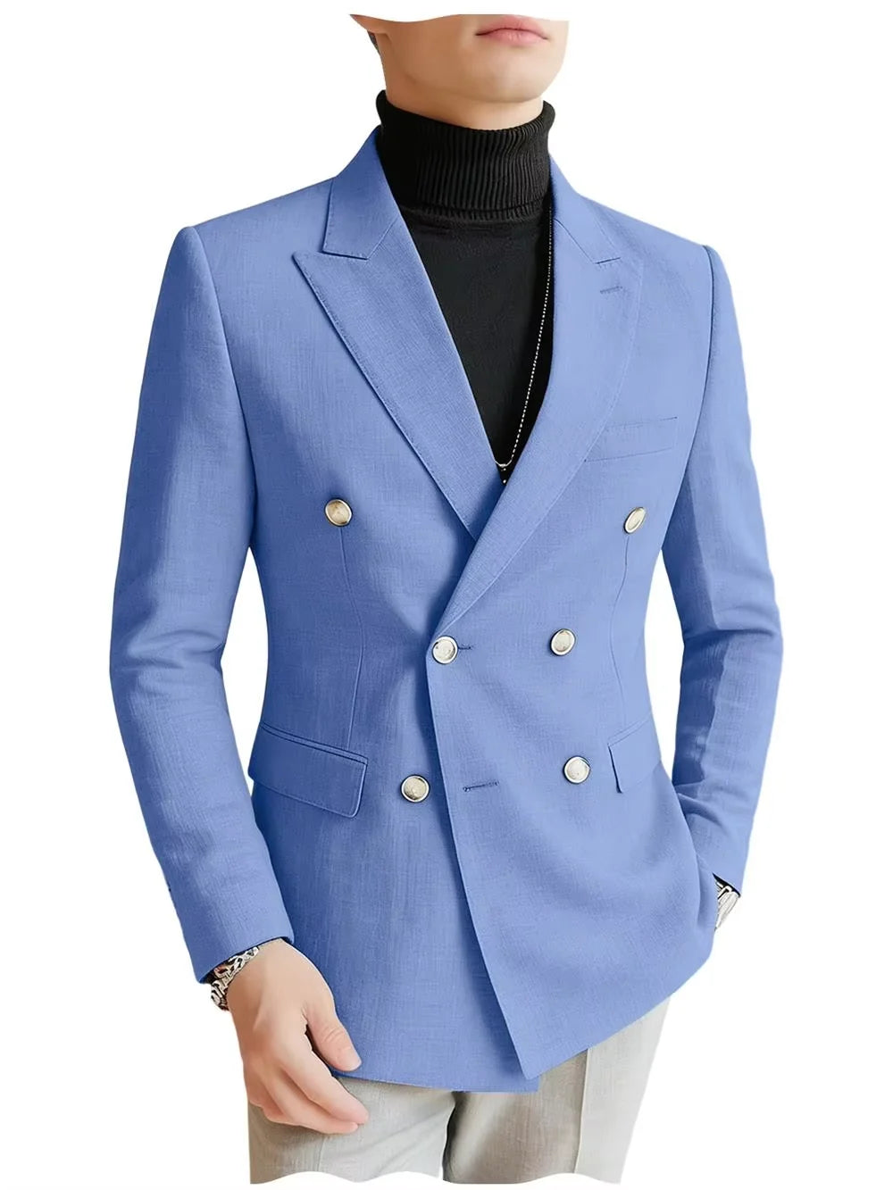 Men's Linen Blazer Double Breasted Peak Lapel Slim Fit Lightweight Breathable Cool Fashion Formal Jacket For Summer Business