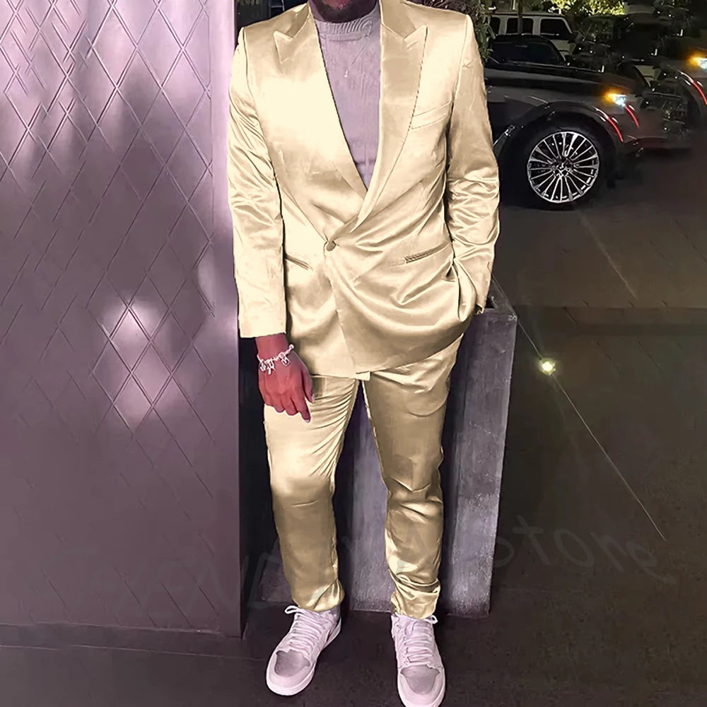 Silver Satin Men Suits 2 Piece Chic Peak Lapel Casual Daily Suit Single Button Formal Evening Party Tuxedo (Blazer+Pants)