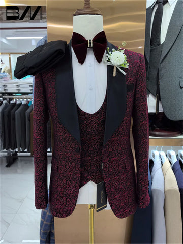 Classic Men's Suit set For Formal Office Meeting Stylish Red Jacquard Handsome Wedding Suit Host Party Suit Blazers Pant Vest