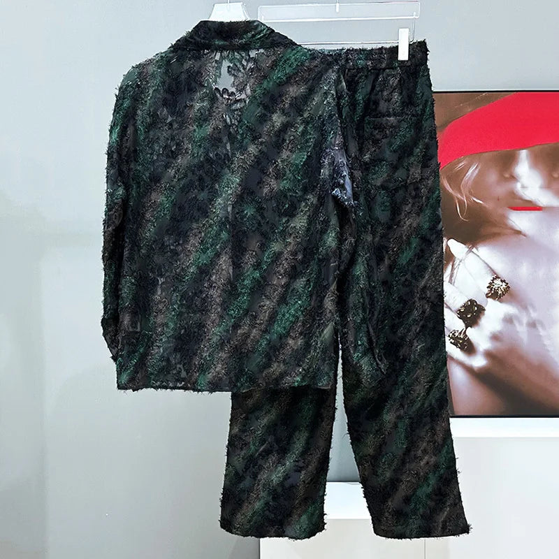 PFHQ Spring Summer Tassel Men's Shirt Sets Casual Straight Leg Pants Trendy 2025 Turn-down Collar Korea Fashion 21E2628