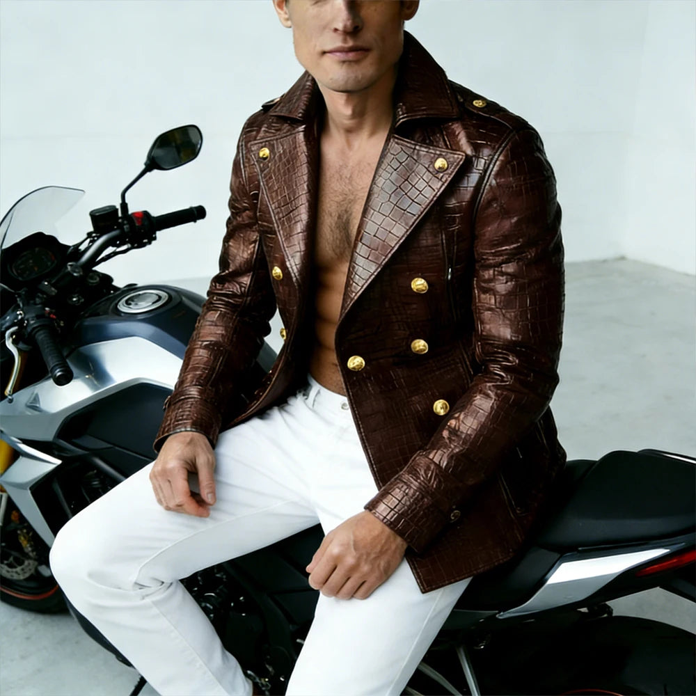 Men's Crocodile Embossed Leather Blazer Double Breasted Trench Coat Wide Lapel Gold Button Slim Fit Jacket For Four Season