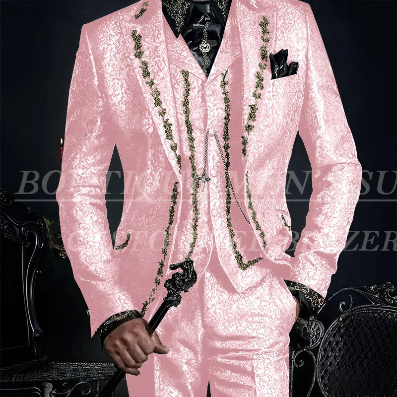 Elegant Black Jacquard Men Suits Embroidery Single Breasted Slim Fit 3 Piece Jacket Pants Vest Male Clothing Blazer Terno 2024
