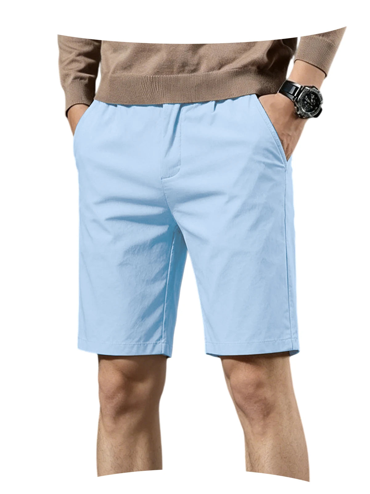 Men Cotton Solid Knee Length Bermuda Shorts Straight Chino Shorts Front Back Pockets Breathable Summer Beach Daily Casual Shorts