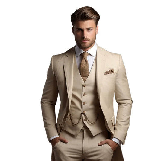 Fashion Beige Suits Men Formal Party Business Blazer Shawl Lapel Wedding Groom Tuxedo 3 Piece Jacket Vest Pants