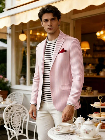 Men's Seersucker Striped Blazer Classic Slim Fit Notch Lapel Business Casual Suit Jacket For Beach Vacation Summer