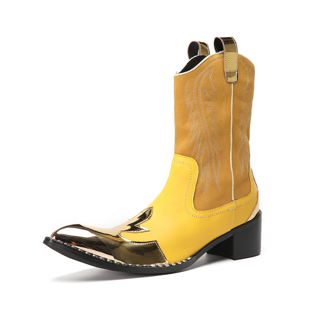 New Men's Yellow Embroidered Metal-Toe Genuine Leather Boots with Side Zipper  Patchwork Short Punk Biker Boots for Parties