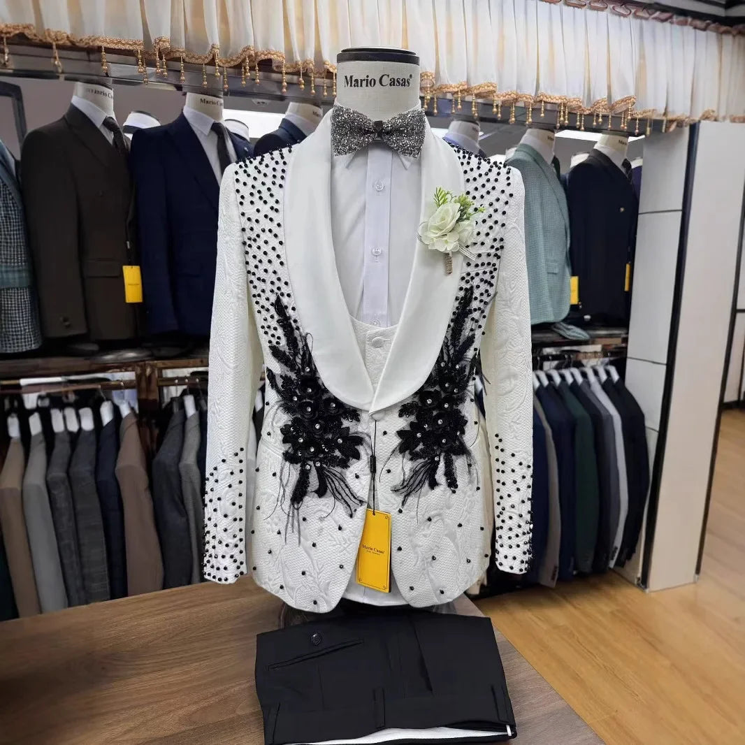 2025 New Men Suit Sets Formal Banquet Luxury Jacquard Blazer Vest Pants Outfits Wedding Grooms Custom Fashion Slim Fit Costumes