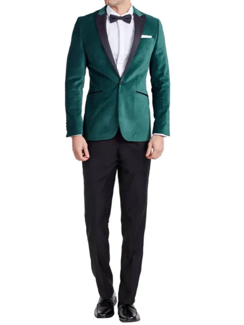 2-Piece Men's Green Velvet  Suit One Button Peak Lapel Blazer Groom Tuxedos Jacket Pants Set for Wedding Party