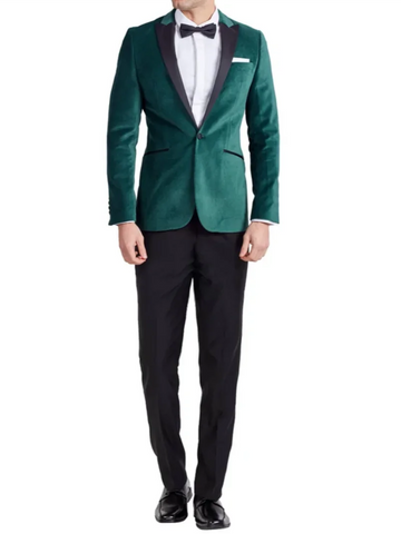 2-Piece Men's Green Velvet  Suit One Button Peak Lapel Blazer Groom Tuxedos Jacket Pants Set for Wedding Party