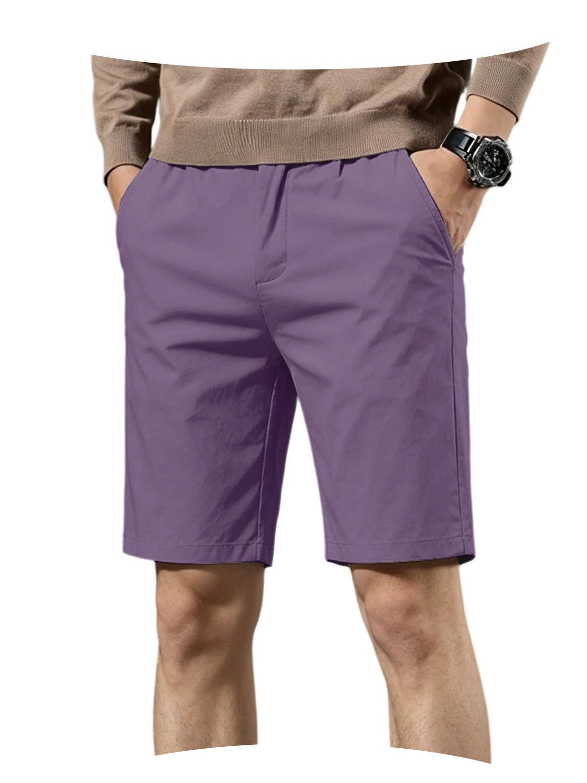 Men Cotton Solid Knee Length Bermuda Shorts Straight Chino Shorts Front Back Pockets Breathable Summer Beach Daily Casual Shorts