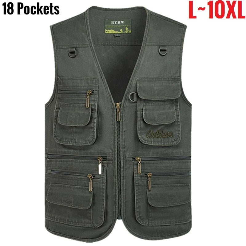 Multi Pocket Men's Vest Zipper Sleeveless Jacket Male Spring Big Size Travel Fishing Work Outdoor Tactical Plus Large 10XL 9XL