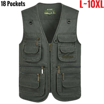 Multi Pocket Men's Vest Zipper Sleeveless Jacket Male Spring Big Size Travel Fishing Work Outdoor Tactical Plus Large 10XL 9XL