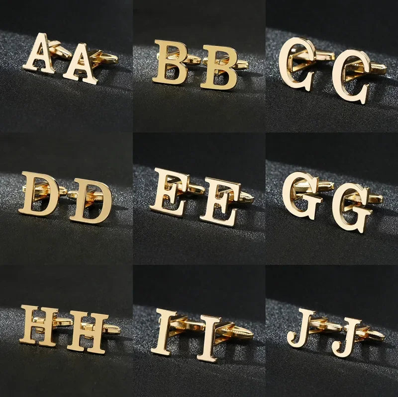 High Quality Gold Color English Letters A-Z Cufflinks for Men Luxury Jewelry Shirt Cuff Links French Business Accessories