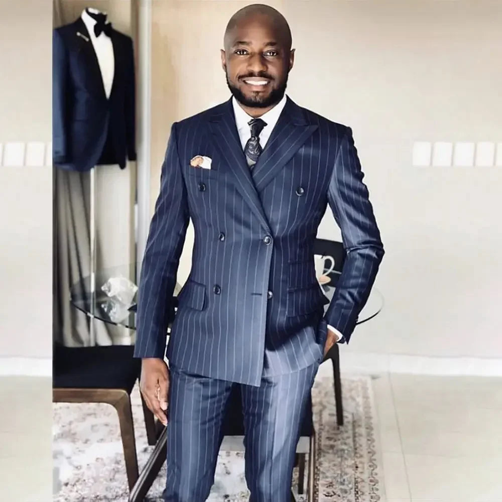 New Arrival Striped Male Suit Blue Formal Casual Wedding Tuxedo 2 Piece Business Peak Lapel Double Breasted Blazer with Pants