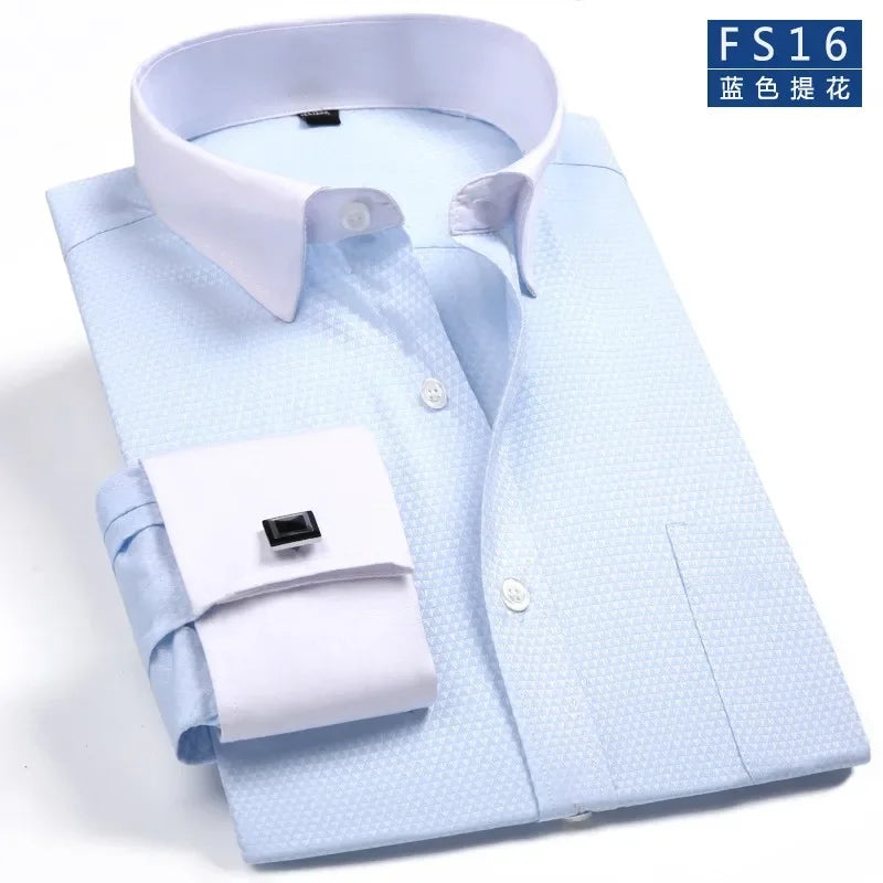 2025 Classic Regular Fit White French Cufflinks Men's Business Dress Long Sleeve Shirt Lapel Men Social Shirt
