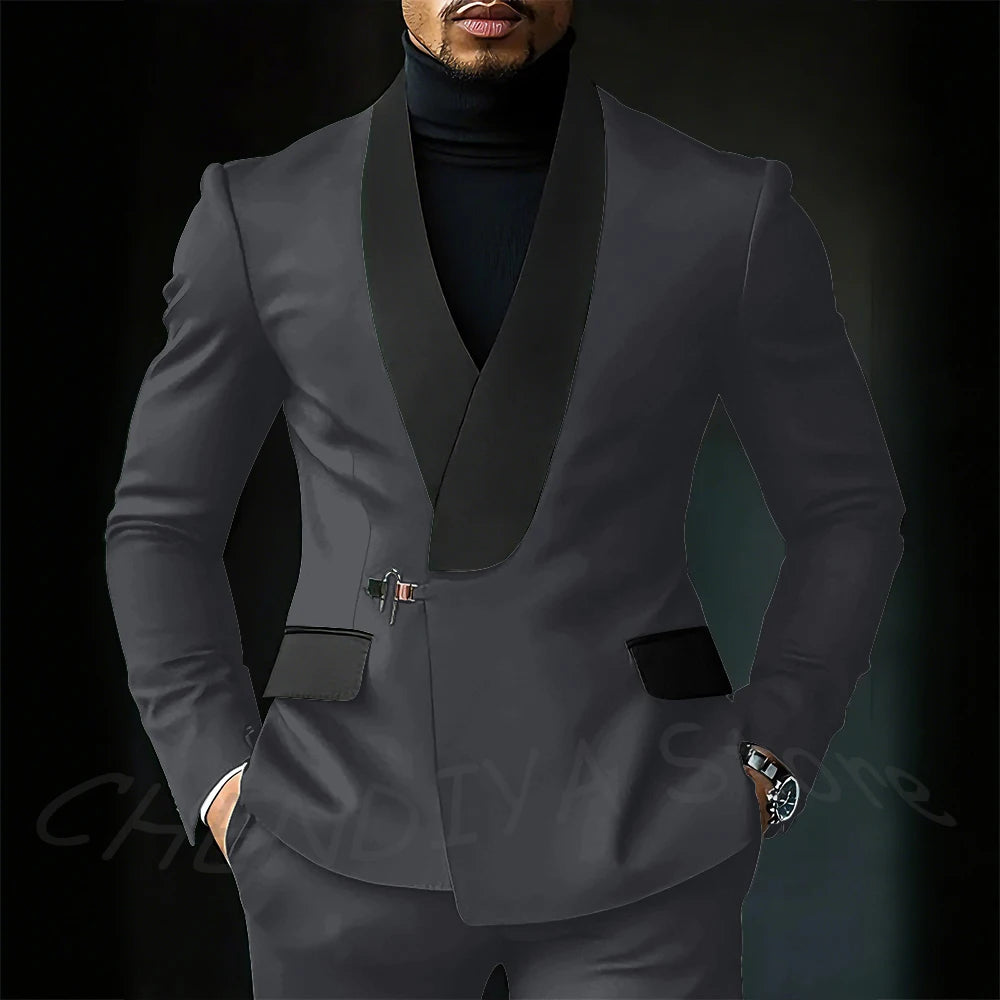 Contrast Color Men's Suit Set 2 Piece Elegant Shawl Lapel Slim Fit Formal Outfit Business Casual Jacket Pants Customized