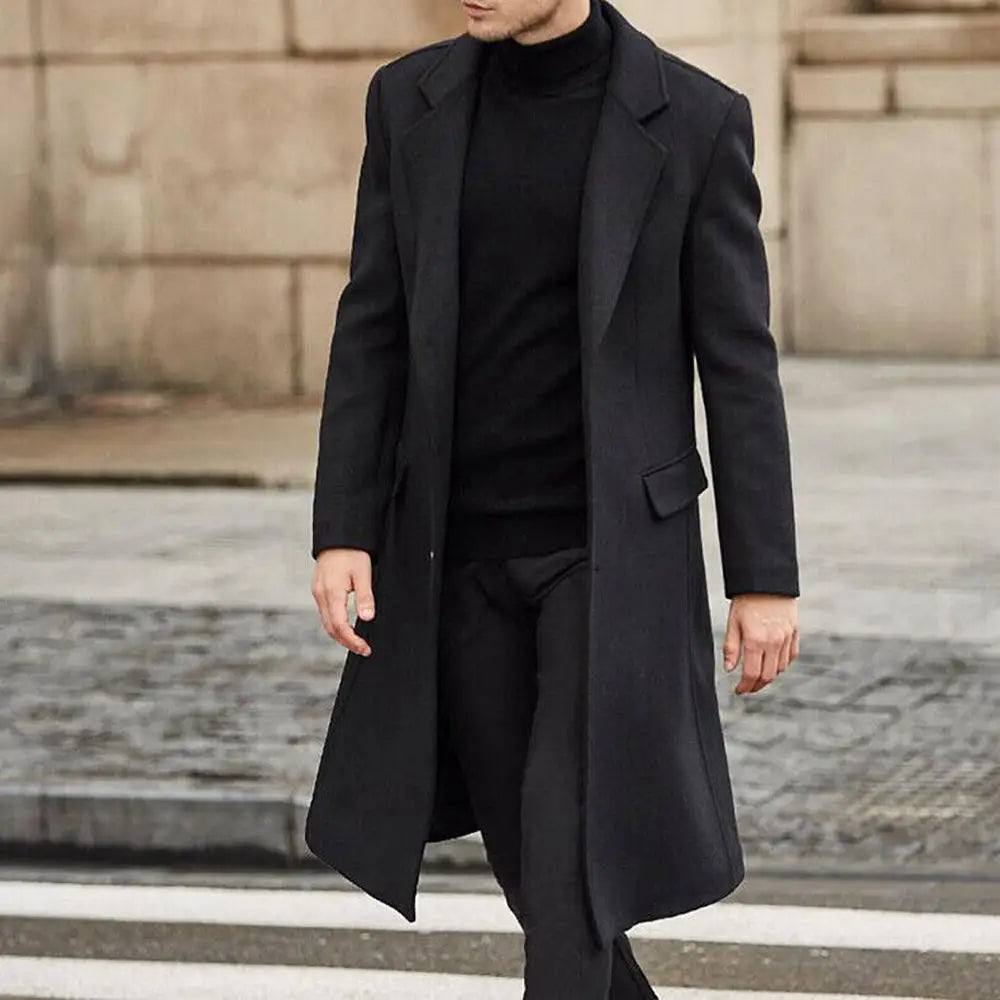 Men Autumn Winter Woolen Coat Solid Color Long Sleeve Buttons Jacket Lapel Collar Mid-length Trench Coat Jacket Male Overcoat