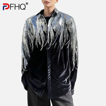 PFHQ Niche Design Men's Shirts Embroidery Sequin Lapel Velvet Fashionable Single Breasted Male Long Sleeve Oversized Tops 9Y6658