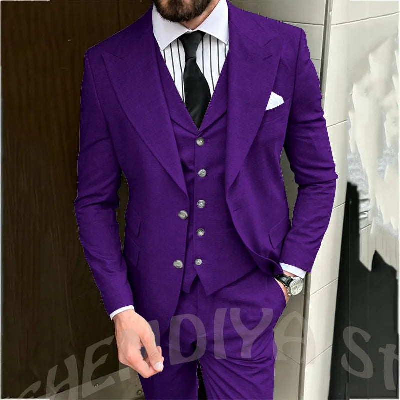 Light Gray Men Suit Business Three Piece Classic Design Single Breasted Peaked Lapel Blazer Vest Pants Formal Office Party Set