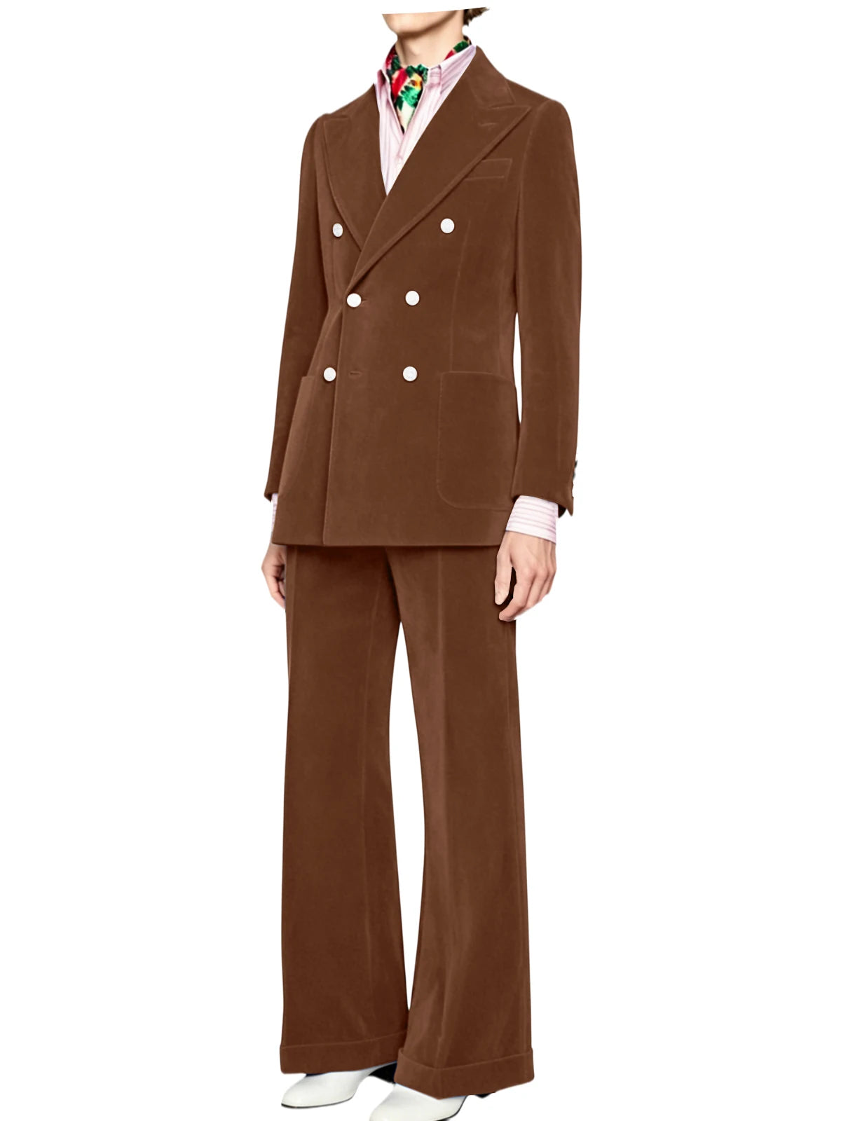 Men's Velvet Double Breasted 2 Piece Suit Set Slim Fit Peak Lapel Formal Straight Leg Pants Suit For Party Wedding Daily Wear