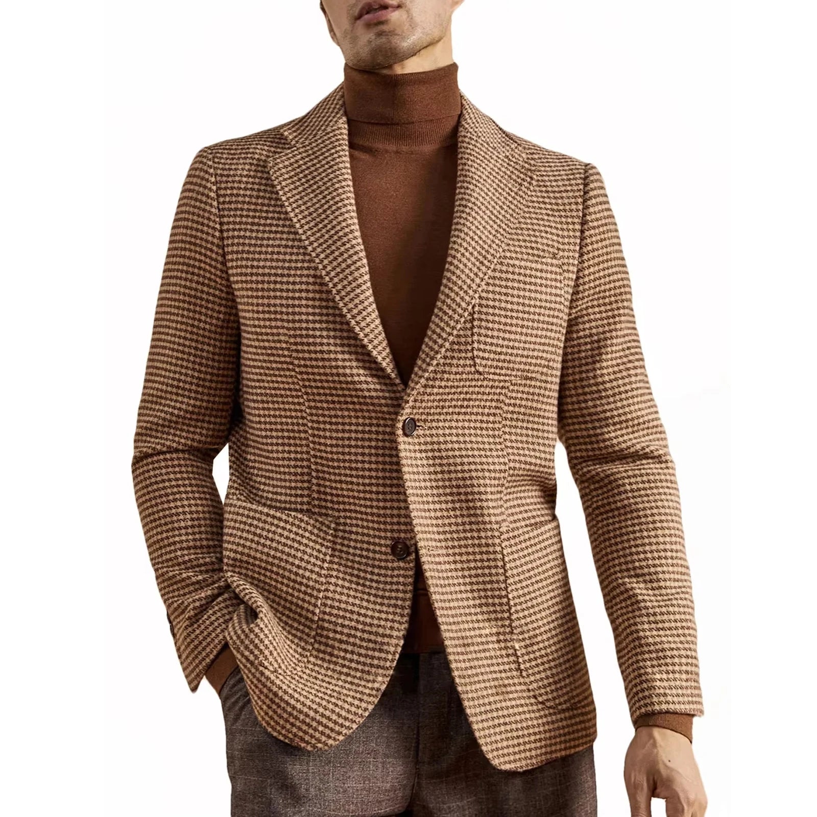 Men's Houndstooth Blazer Luxury Peak Lapel Slim Fit Wool Blend Suit Jacket For Classic Business Casual Fall Winter with Pockets