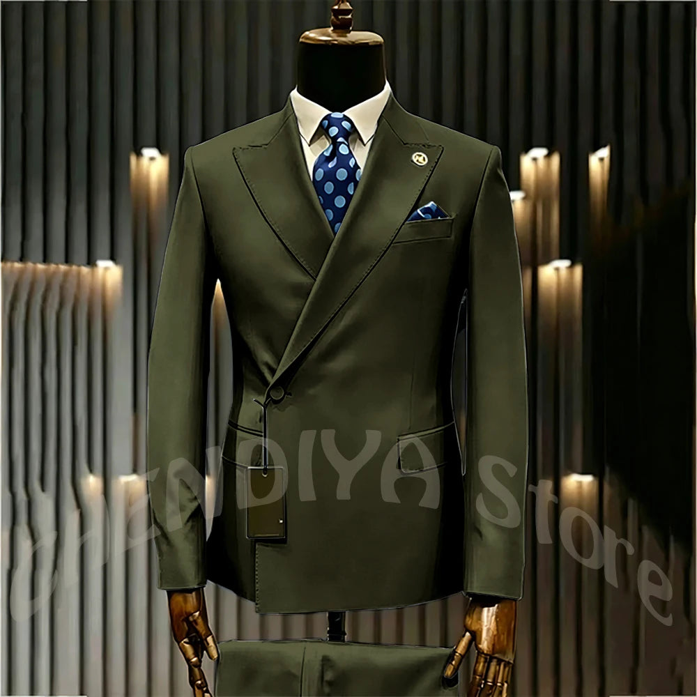 High Quality Formal Men's Suit Incline Single Button Peaked Lapel Slim Fit Business Casual Groom Wedding Set Prom Outfit