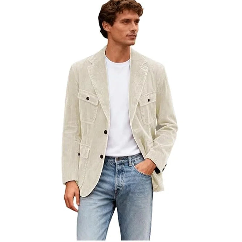 Vintage Men's Corduroy Casual Blazer Slim Fit Solid Color Black Brown Fashion Single Breasted Outerwear Customized Male's Jacket