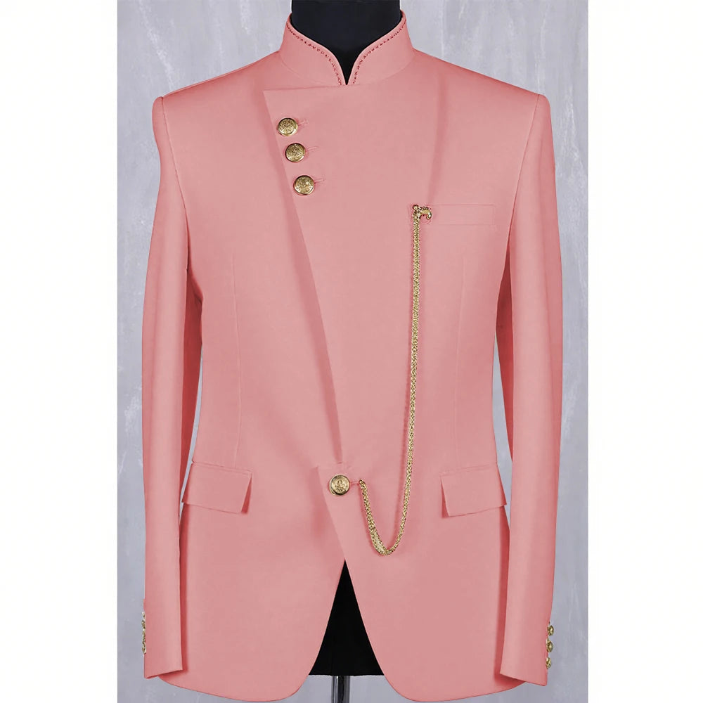 High Quality Blue Men Suit Casusl Blazer Single Breasted Stand Collar African Slim Fit Modern Style Outfits Jacket Pants