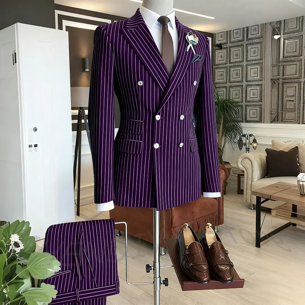 Brown Striped Men Suits Double Breasted Formal Outfits 2 Piece Male Clothing Business Casual Tailored Party Prom Jacket Pants