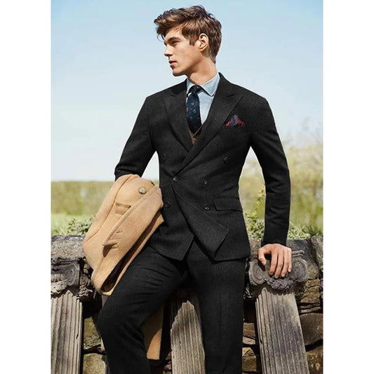 Elegant Men's Suit Jacket Pants Wool Tweed Slim Casual Fashion Design Double-breasted Pants Men's Full Set