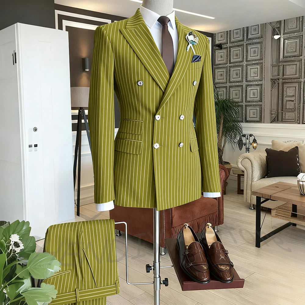 Brown Striped Men Suits Double Breasted Formal Outfits 2 Piece Male Clothing Business Casual Tailored Party Prom Jacket Pants