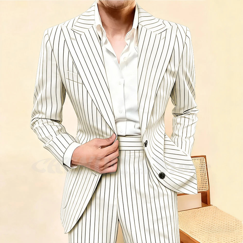 Elegant Striped Men Suit 2 Piece Fashion Single Breasted Peak Lapel Costume Homme Business Casual Daily Office Male Jacket Pants