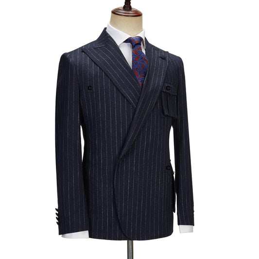 Cenne Des Graoom 2023 Navy Blue Pinstriped Men Suits Right Side Button Jacket Pants 2 Pcs Slim Fit Groomsman Wedding Dress Party