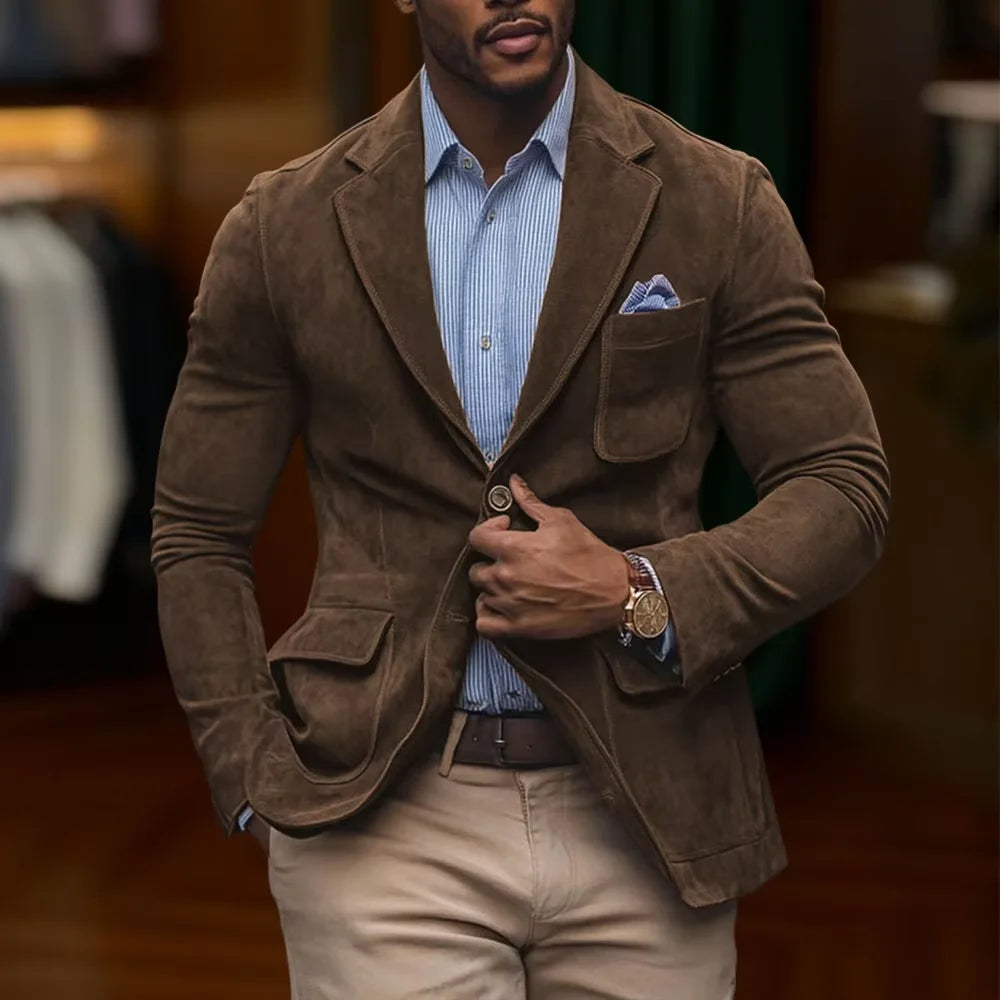 Men's Suede Brown Blazer Vintage Slim Fit Notched Lapel Formal Jacket High Quality Flap Pocket Sport Coat For Business Casual