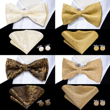 Hi-tie Silk Mens Crow Tie Hanky ​​Pungini set beige pre-legato Champagne Gold Butterfly Knot Bowtie per regalo di affari di matrimonio maschile