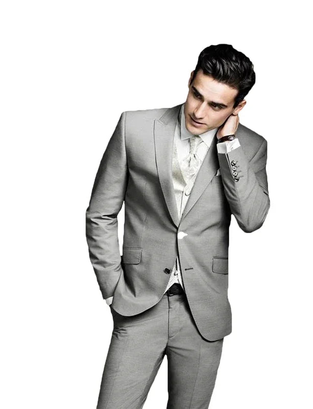 2 PiecesNew Light Gray Men's Suit  Single Breasted Peak Lapel Jacket Slim Fit Casual Tuxedos For Wedding/Business (Blazer+Pants)