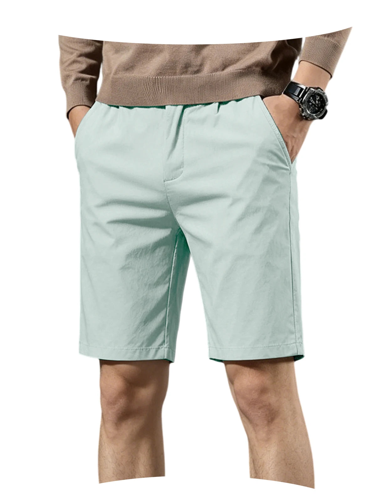 Men Cotton Solid Knee Length Bermuda Shorts Straight Chino Shorts Front Back Pockets Breathable Summer Beach Daily Casual Shorts