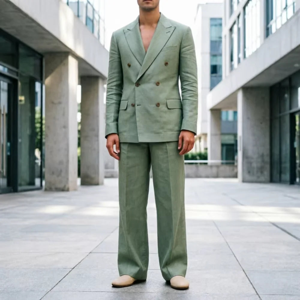 Men‘s Sage Green Linen Suit 2 Piece Double Breasted Peak Lapel Blazer Straight Leg Pants Casual Set For summer wedding Groom New