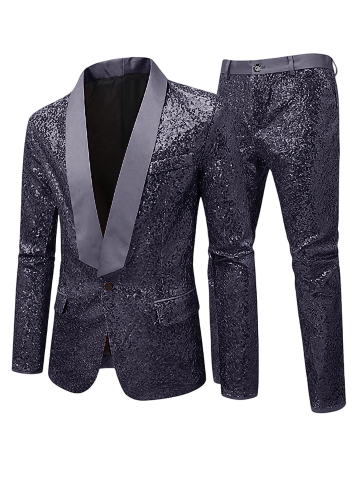 Men's Sequin Tuxedo Suit Set Shiny One Button Satin Patchwork Shawl Lapel Slim Fit 2 Piece Blazer Pants For Wedding Party Prom